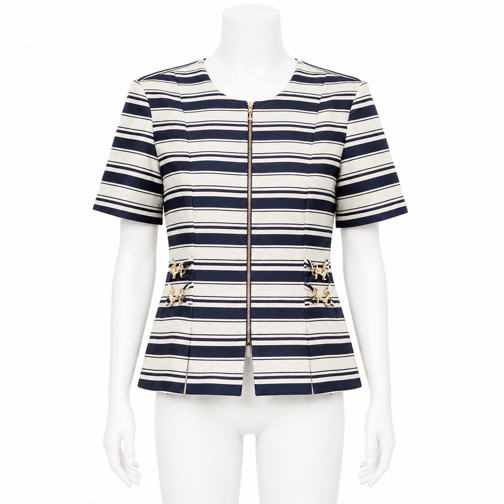 Betsys Things Blazer Top Women 6 Navy Gold Striped Zip Front Bit Detail Peplum